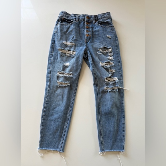 Free People-We the Free-High Rise-Distressed-Button Fly-Jeans-Denim-Crop-Sz 28 - Picture 2 of 9